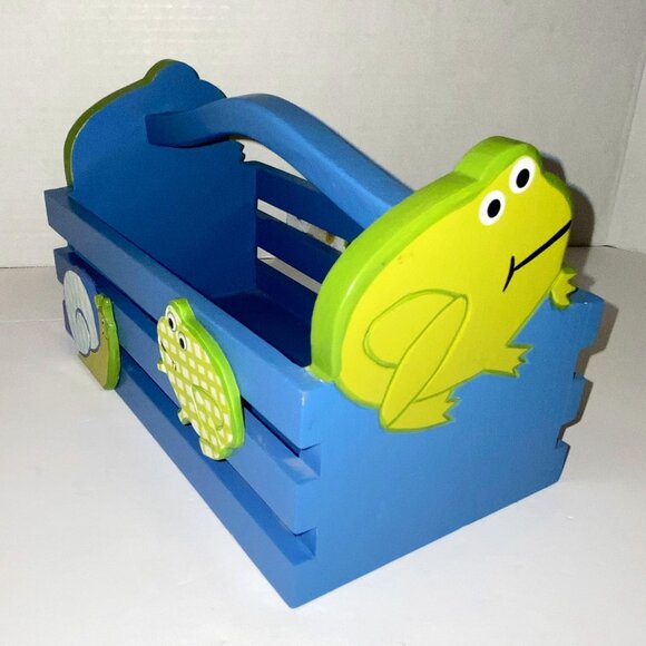 Wooden Basket with Handle Blue and Green Frog and Snail Garden Planters - Picture 2 of 6